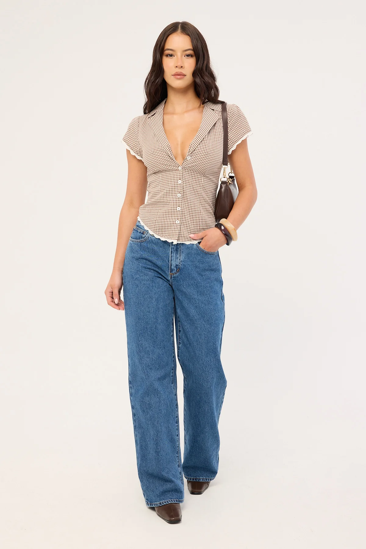 Luck & Trouble Frankie Cap Sleeve Blouse Brown Gingham - Image 4