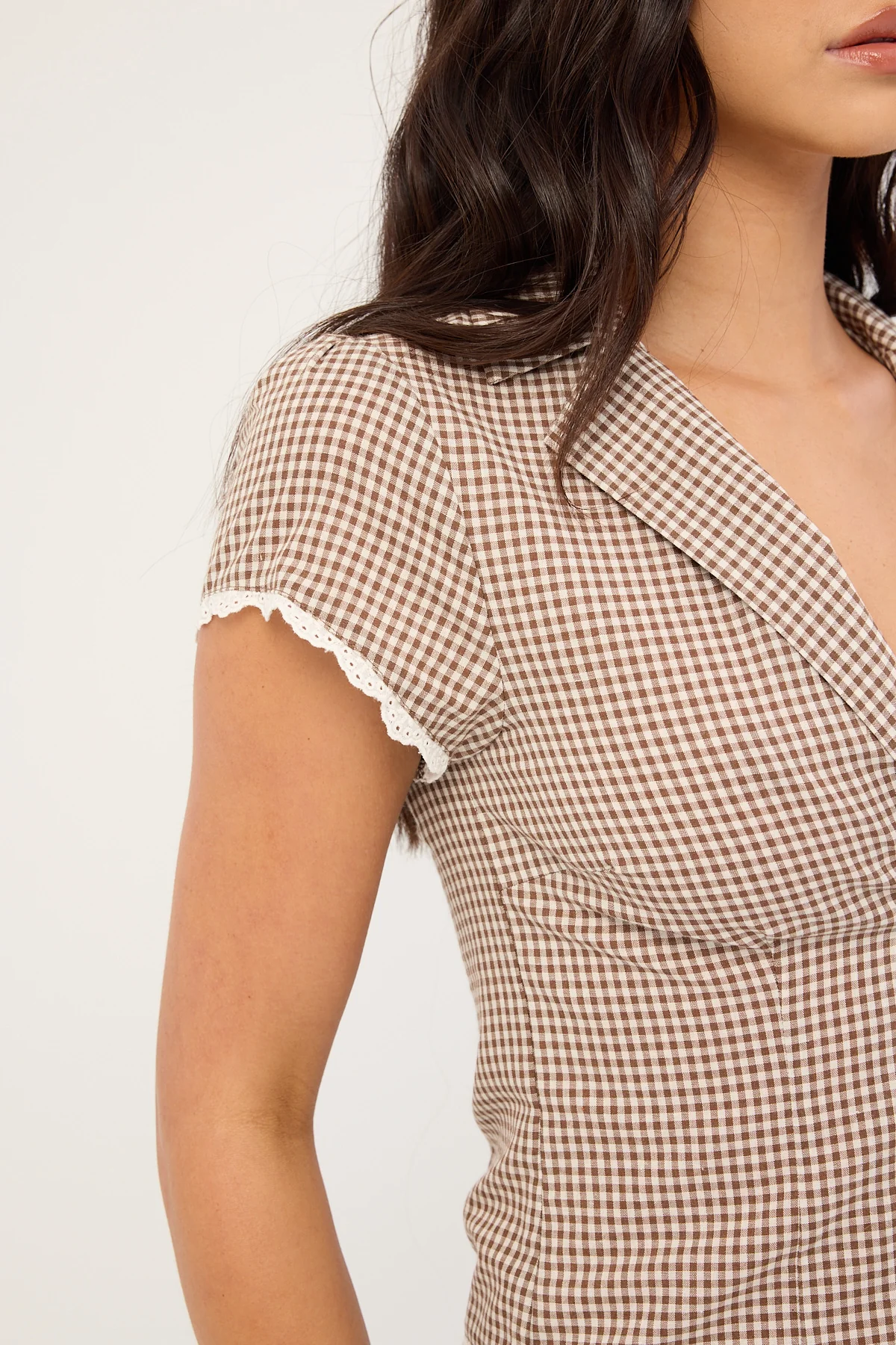 Luck & Trouble Frankie Cap Sleeve Blouse Brown Gingham - Image 8