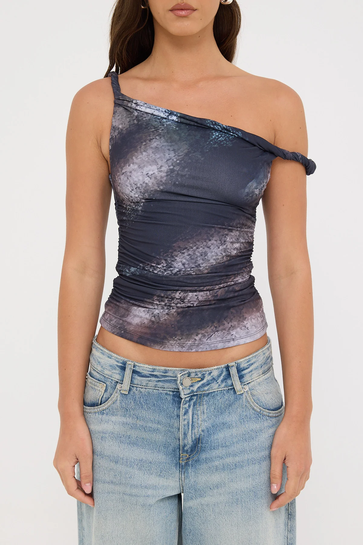 Luck & Trouble Sabina Twist Off Shoulder Top Black Print - Image 6