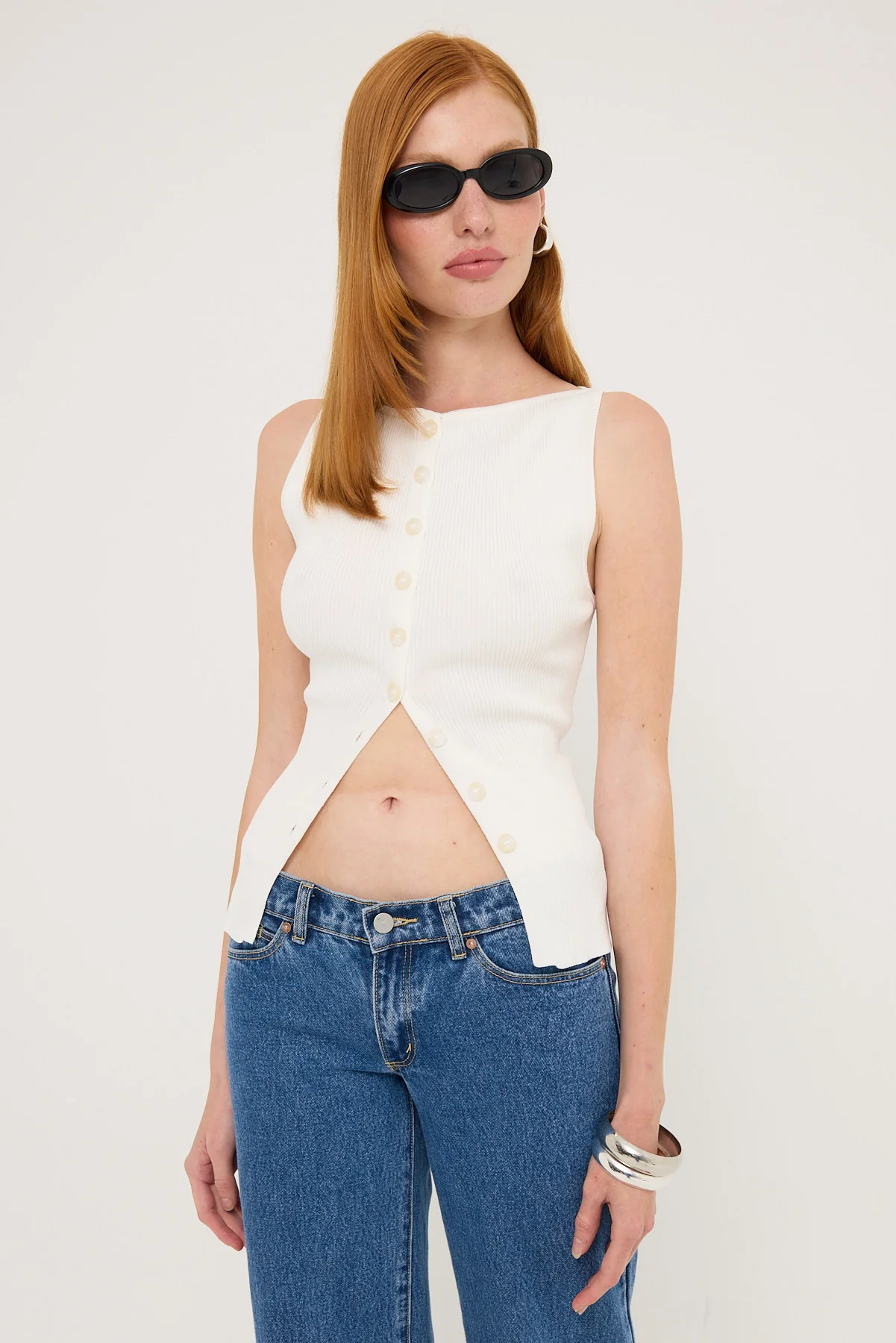 Perfect Stranger High Neck Button Up Rib Knit Top White - Image 3