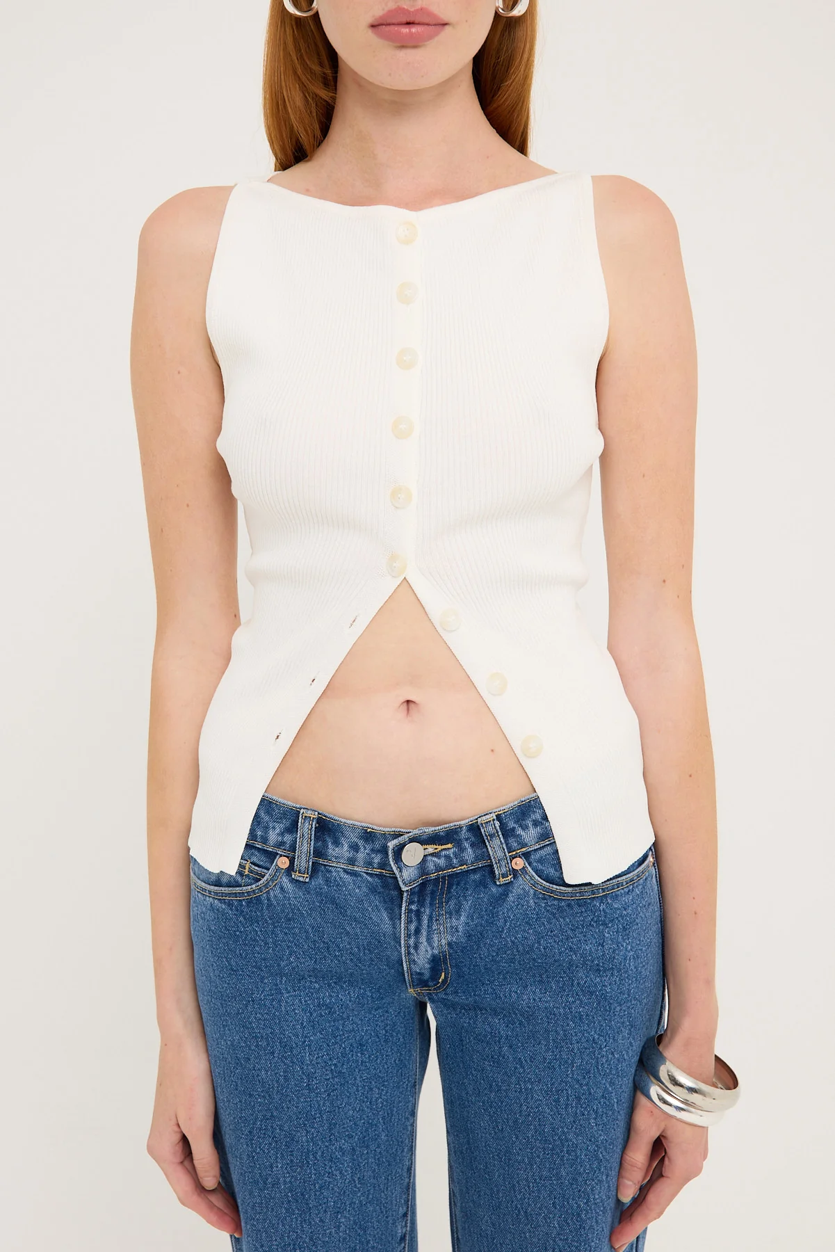 Perfect Stranger High Neck Button Up Rib Knit Top White - Image 7