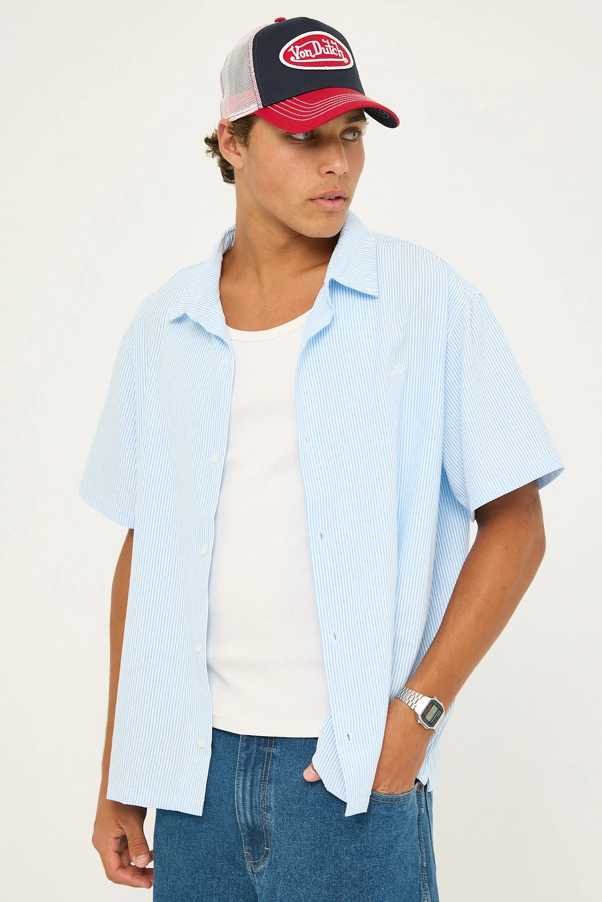 Xlarge Oxford Script SS Shirt White/Blue Stripe - Image 3
