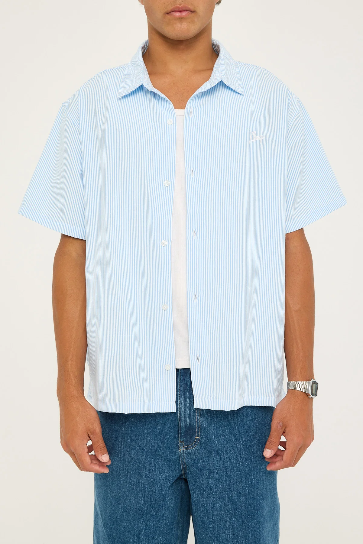 Xlarge Oxford Script SS Shirt White/Blue Stripe - Image 6